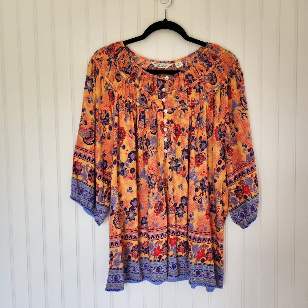 CAFFE MARRAHCSH Orange Blue Boho Floral Print Boat Neck 3/4 Sleeve Blouse Top XL